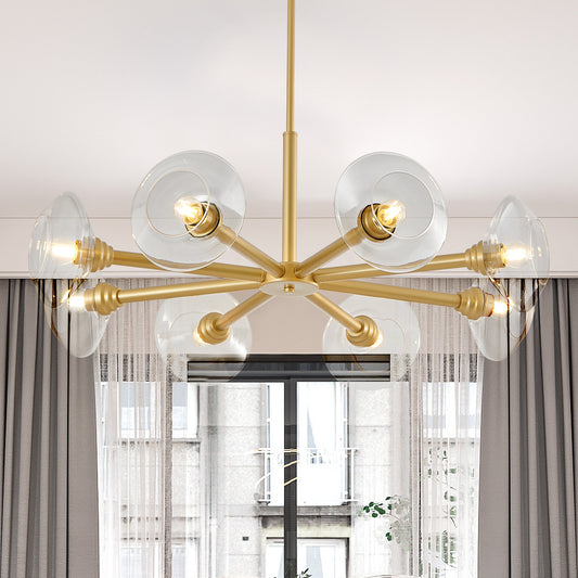 36  Modern Gold 8-Light Sputnik Chandelier With Clear Glass Shades, Mid-Century Hanging Pendant Light Fixture For Dining Room, Living Room, Or Kitchen Bulb Not Included