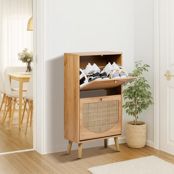 2-Tilt Shoe Cabinet With Arched Rattan Surface, MDF With Triamine, 54x24x98cm, Natural Wood Color