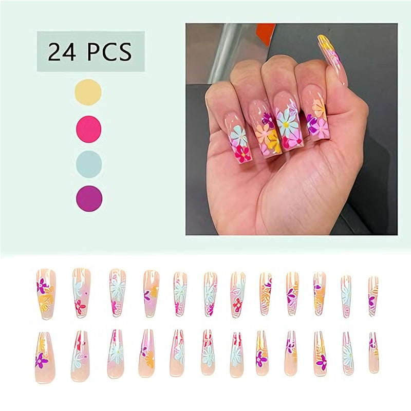 24 PCS Long Flat Flowers Nail Art