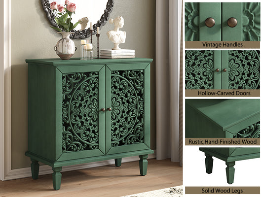 Vintage Hollow-Carved Accent Cabinet, 2-Door Display Storage Sideboard With Symmetrical Floral Design, Adjustable Shelf And Solid Wood Legs For Living Room Entryway Antique Green