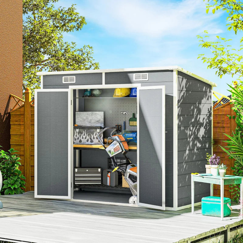 Plastic Outdoor Storage Shed With Floor, Window, Lockable Doors And Vents For Backyard Patio Lawn, Multiple Packages Shipped. Please Pay Attention To The Dimensions And Weight In The Details.