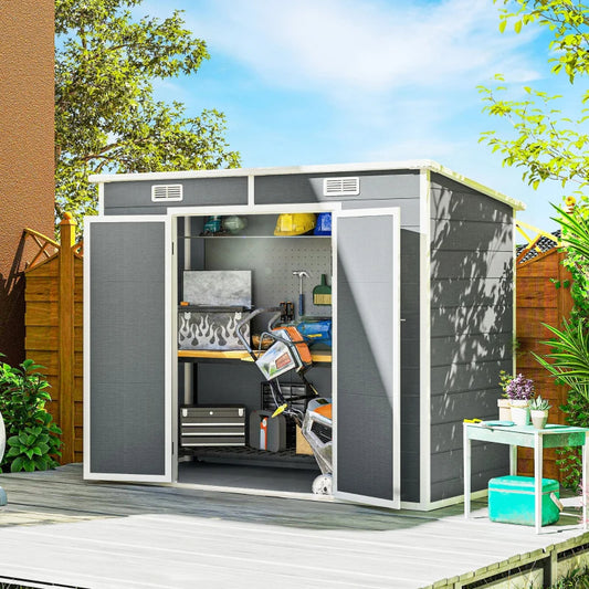 Plastic Outdoor Storage Shed With Floor, Window, Lockable Doors And Vents For Backyard Patio Lawn, Multiple Packages Shipped. Please Pay Attention To The Dimensions And Weight In The Details.