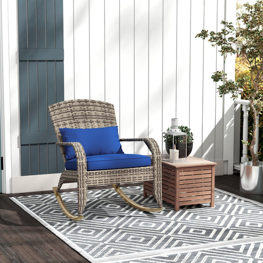 Adirondack Chair, Outdoor Wicker Rocking Chair With High Back, Seat Cushion, And Pillow For Porch, Balcony, Dark Blue