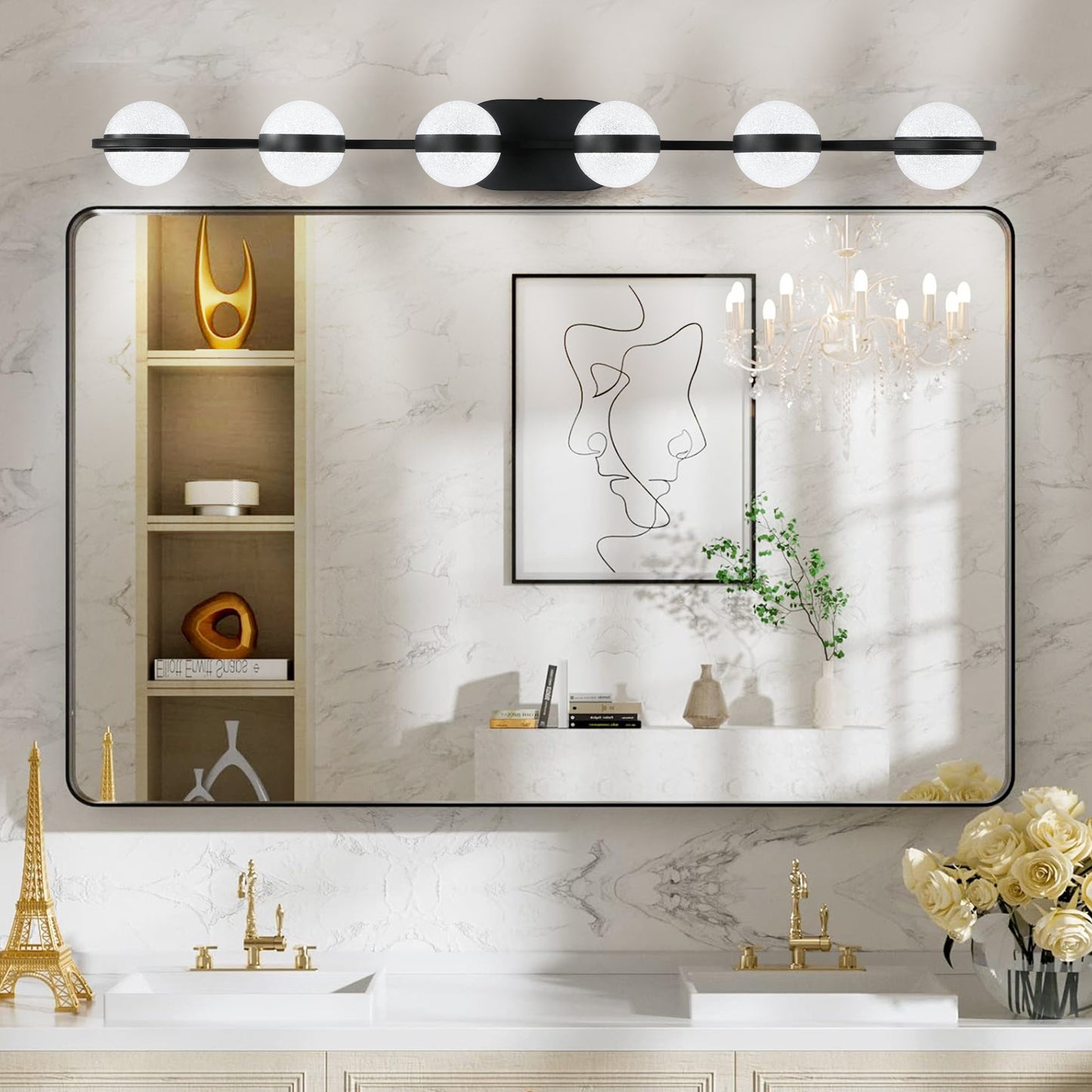 43in Black Minimalist LED Bathroom Vanity Light With Crystal Sand Acrylic Shades,6-Light Wall Mounted Decorative Lighting Fixture, Suitable For Bathroom Vanity Mirror