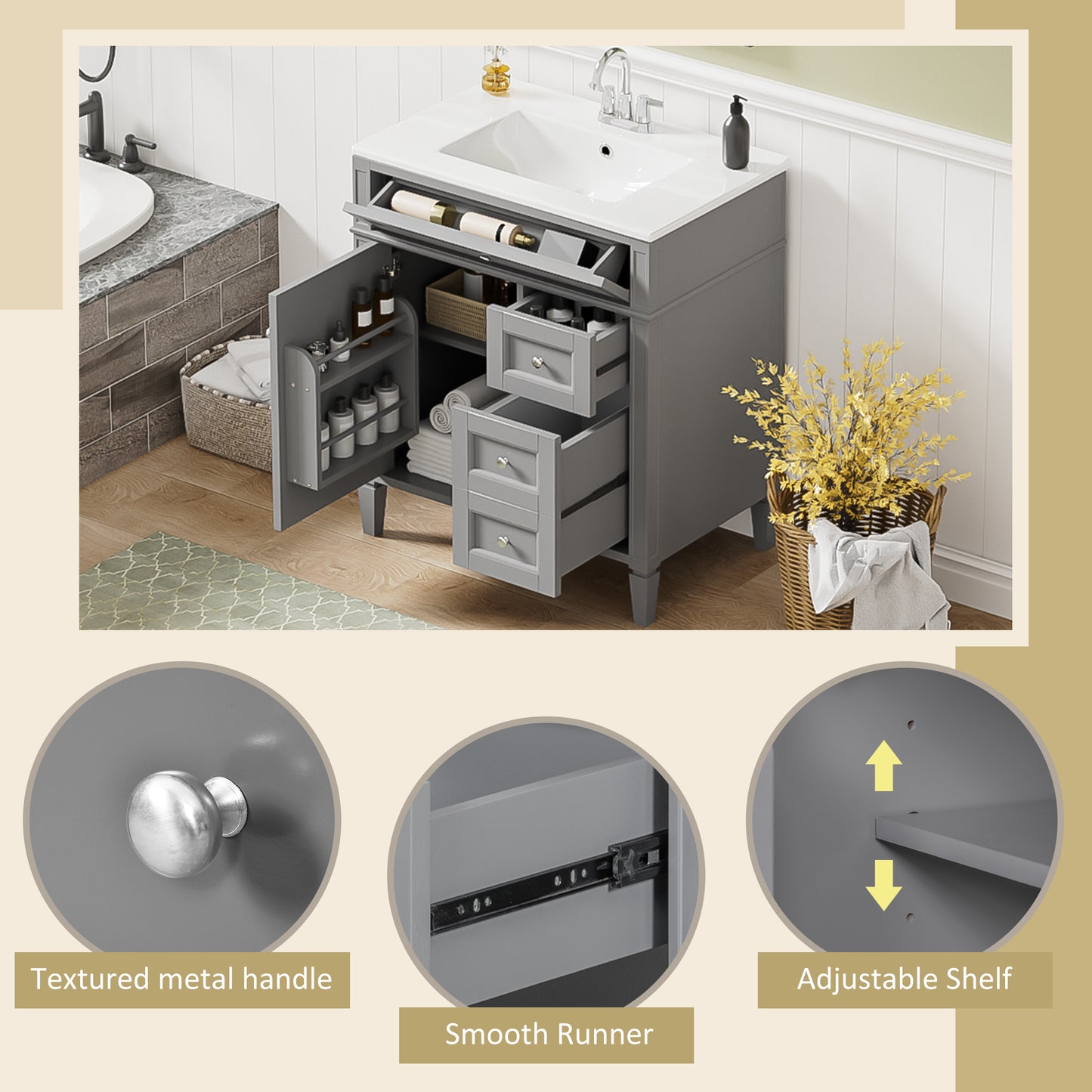 30   Bathroom Vanity With Top Sink, Modern Bathroom Storage Cabinet With 2 Drawers And A Tip-out Drawer, Single Sink Bathroom Vanity