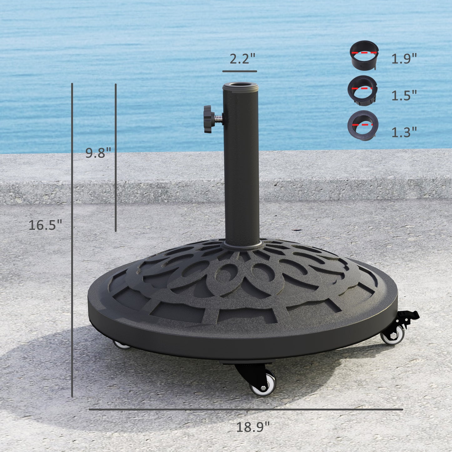 Round Patio Umbrella Base With Wheels, 46 Lbs Resin Umbrella Stand Base, Heavy Duty Patio Umbrella Holder For 1.3"/1.5"/1.9" Umbrella Poles For Outdoor, Lawn, Poolside, Black