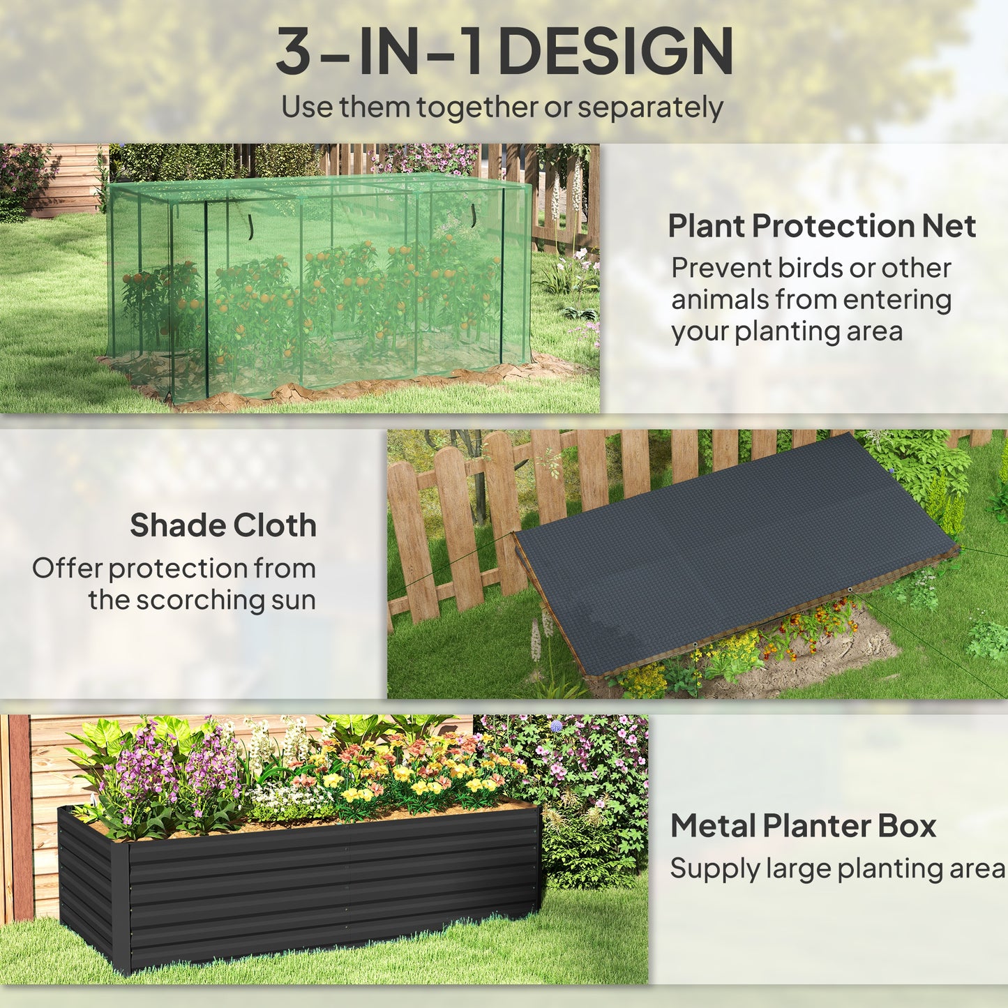 Galvanized Steel Planter Box With Crop Cage And Shade Cloth, Raised Garden Bed For Flowers, Veggies And Herbs, Dark Gray