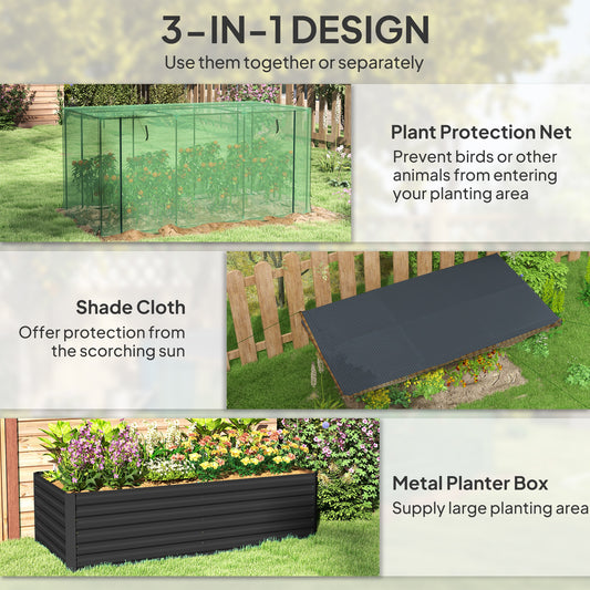 Galvanized Steel Planter Box With Crop Cage And Shade Cloth, Raised Garden Bed For Flowers, Veggies And Herbs, Dark Gray