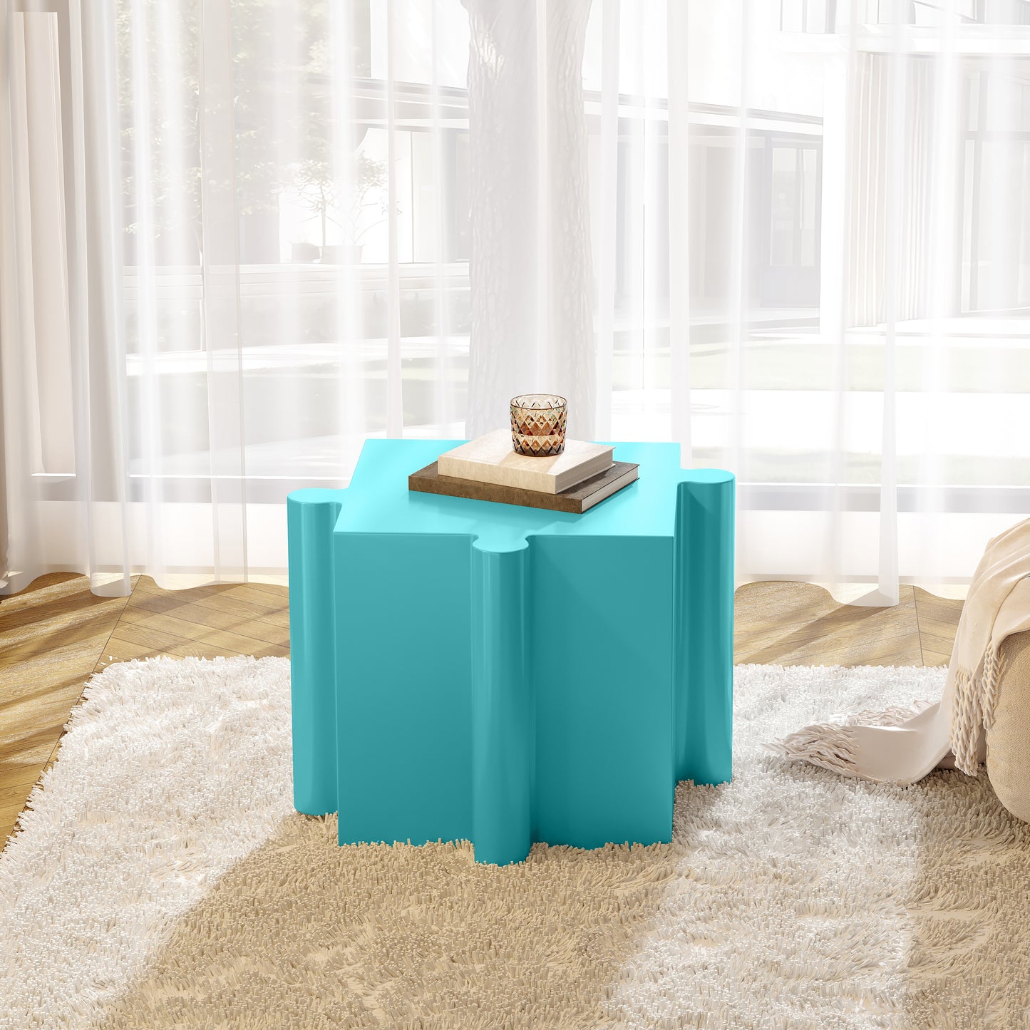 3-Piece Artistic Puzzle Table Set,Modular MGO Side Tables With Interlocking Design  2 Convex & 1 Concave , 200lb Capacity For Indoor & Outdoor,Light Blue Color
