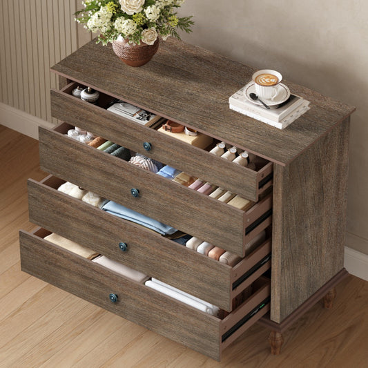 Large 4-Drawer Chest With Solid Wood Foot, Dresser With Brushed Deep Brown Finish & Metal Drawer Knobs, Antique Design For Bedroom & Nursery
