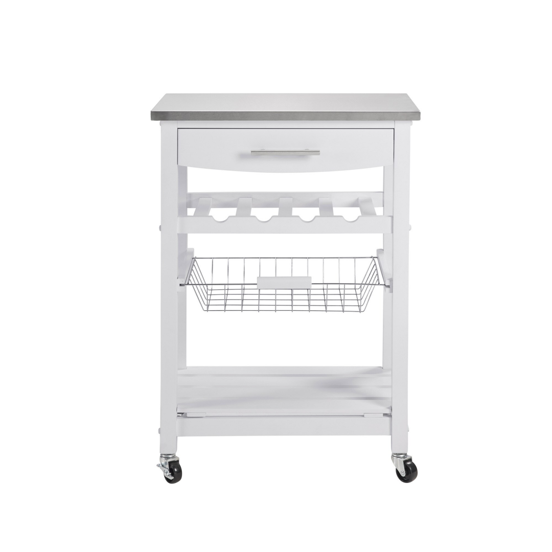Mobile Rolling Kitchen Island Trolley Serving Cart With Underneath Drawer & Slide-Out Wire Storage Basket