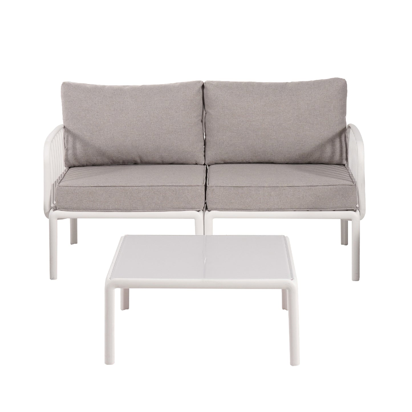 3 Piece Patio Conversation Sets, Modern Outdoor Patio Sectional Furniture Set With Square Coffee Table, Waterproof Thick Cushion Deep Seating For Porch, Balcony, White & Light Gray