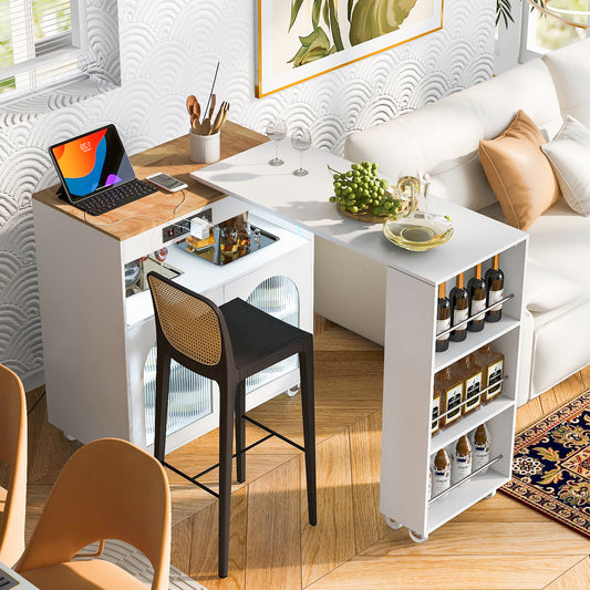 K&K Rolling Kitchen Island With Extended Table,Kitchen Island On Wheels With LED Lights,Power Outlets And 2 Fluted Glass Doors,Kitchen Island With A Storage Compartment And Side 3 Open Shelves,White