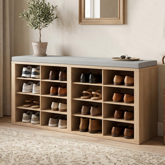 Shoe Storage Bench With Cushion 16 Cubby Shoe Rack Multifunctional Shoe Organizer Bench For Entryway Hallway Living Room Bedroom