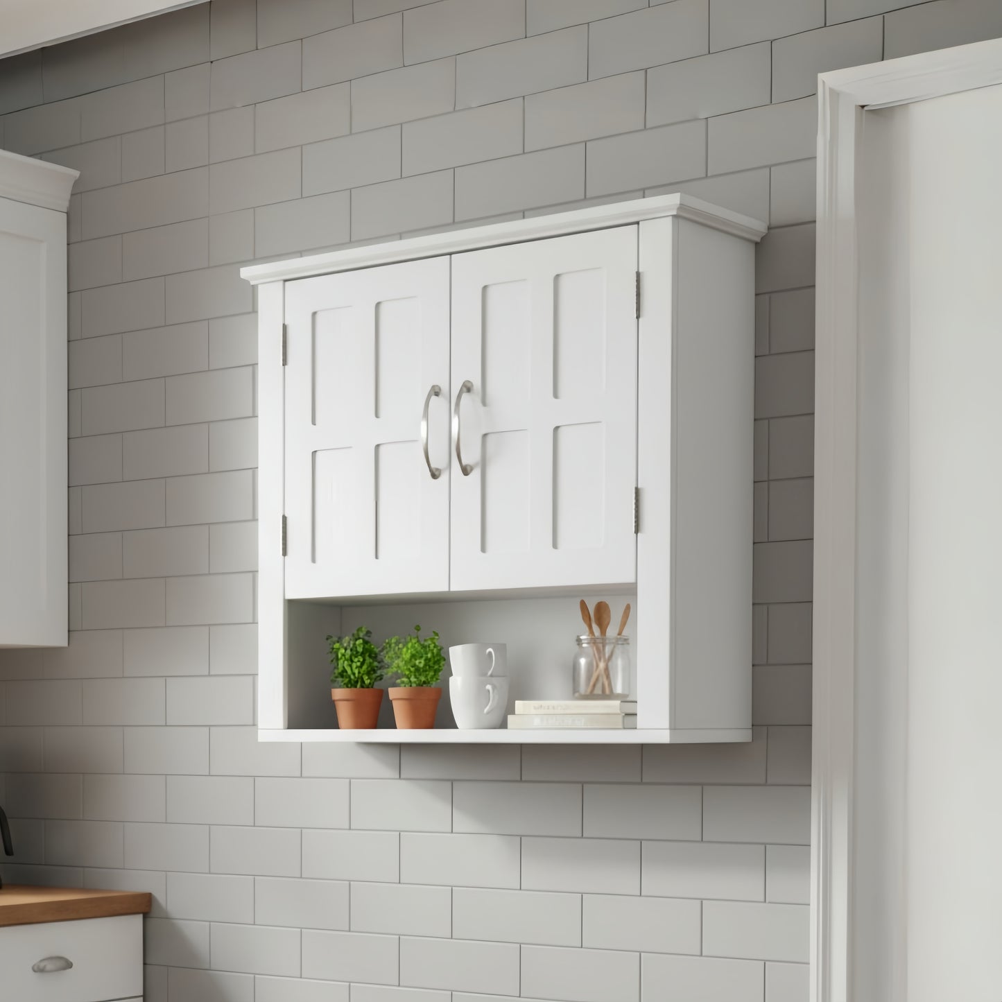 Bathroom Wall Storage Cabinet, Multi -functional Wall Mounted Cabinet With Adjustable Shelves, Medicine Cabinet For Laundry Room & Kitchen & Living Room, White