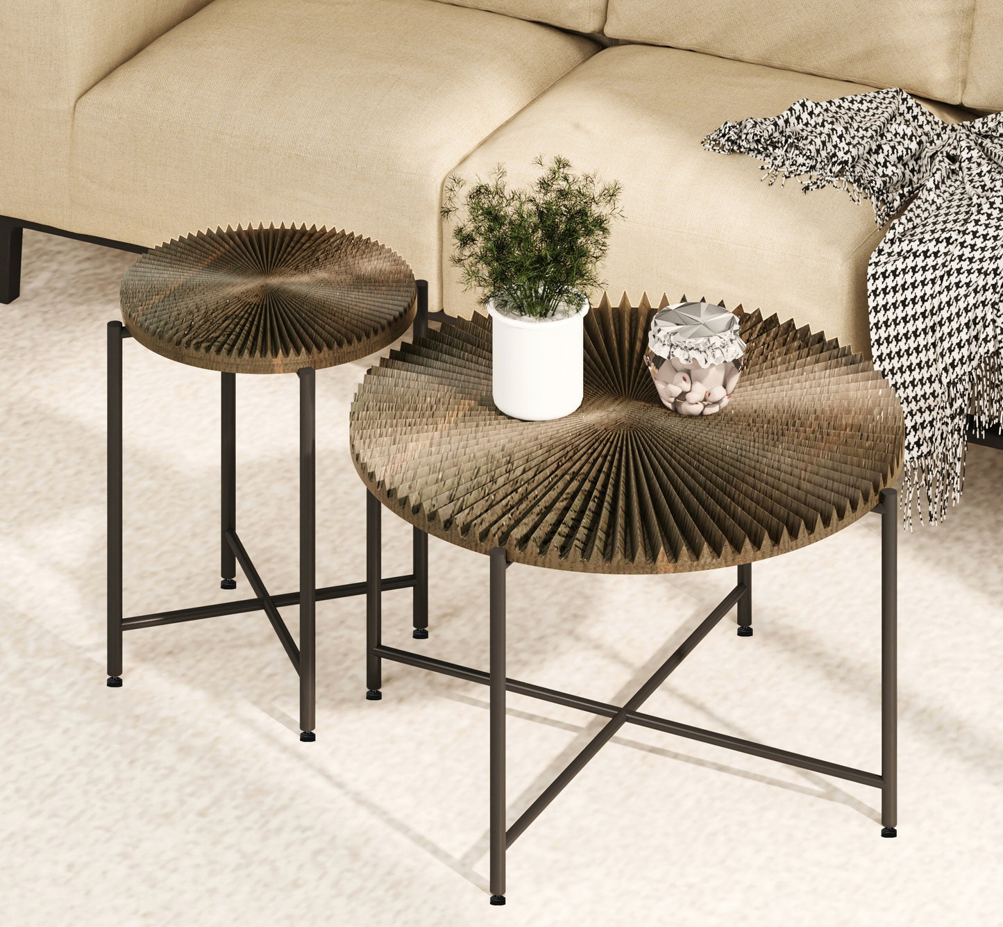 Radial Pattern 2-Piece Coffee And End Table Set -Waterproof MDF With PVC Cover, Distressed Cylindrical Design, Black Metal Legs -Classic Rustic Charm, Dark Walnut