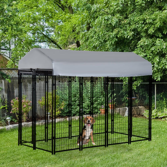Outdoor Dog Kennel With Roof, 8' X 4' X 6' Heavy Duty Welded Wire Dog Playpen Enclosure With Escape-proof Lock, UV-Resistant & Waterproof Cover, For Large Dogs, Silver