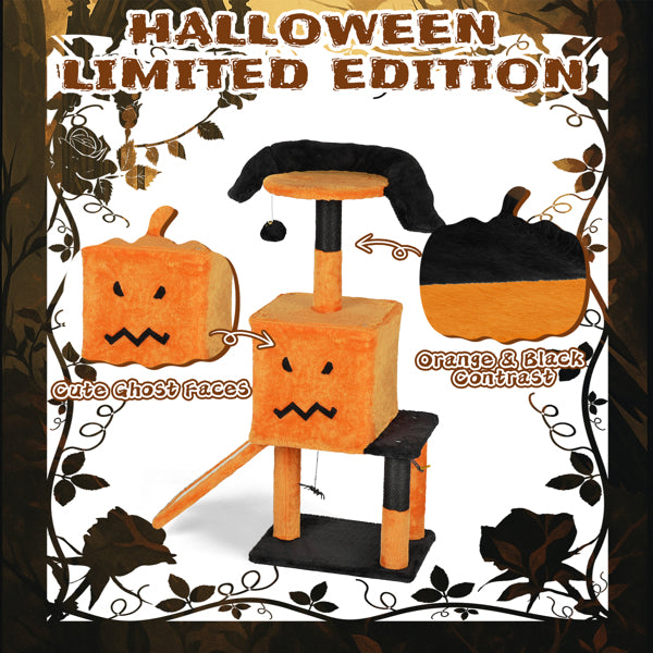 39.4inch Halloween Cat Tree, Cat Tower Cat Tree For Indoor Cats With Spacious Cat Condo, Sisal Scratching Posts, Hanging Toys, Orange & Black