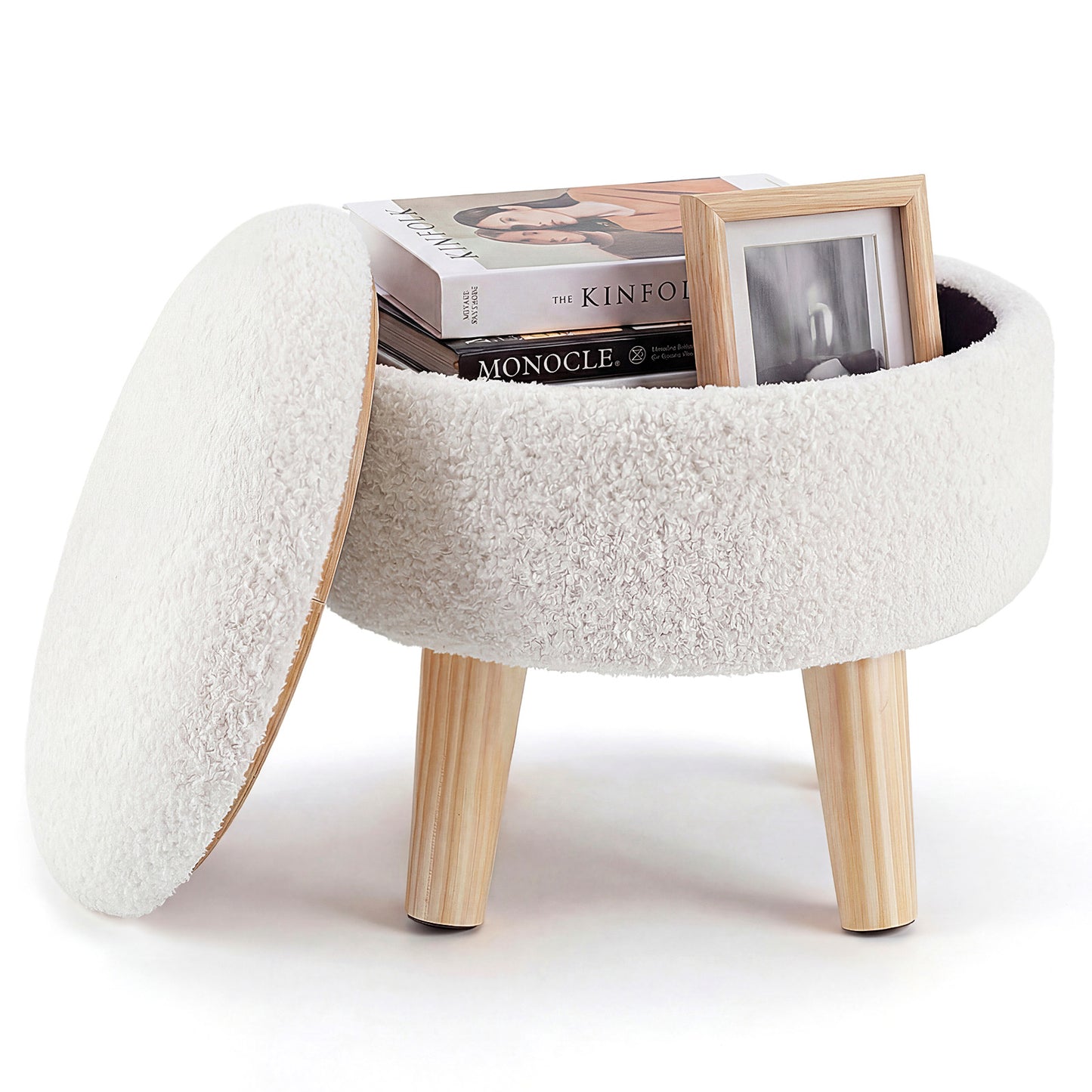 Round Storage Chair, Equipped With A Soft Cushioned Seat, Wooden-legged Footstool