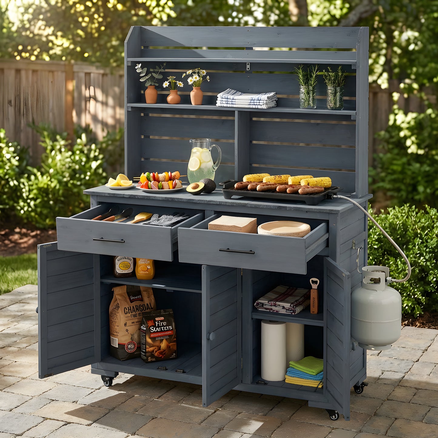 Assembly Video  TOPMAx 65 H Large Garden Potting Bench With Lockable Wheels And Storage Cabinet  Wood Outdoor Kitchen Island Prep Cart With Hutch Top  Drawers And Removal Shelves For Grilling  Gray