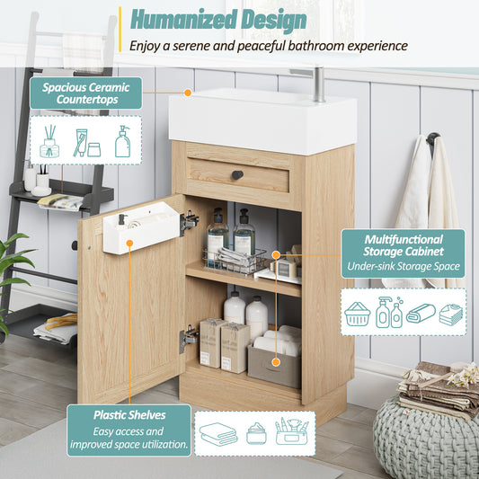 18.5  Bathroom Vanity With Reversible Resin Sink, MDF Cabinet With Adjustable Shelf And Elegant Zinc Alloy Handles, Wood Grain Melamine Finish, Reversible Door, Rustic Style For Small Spaces