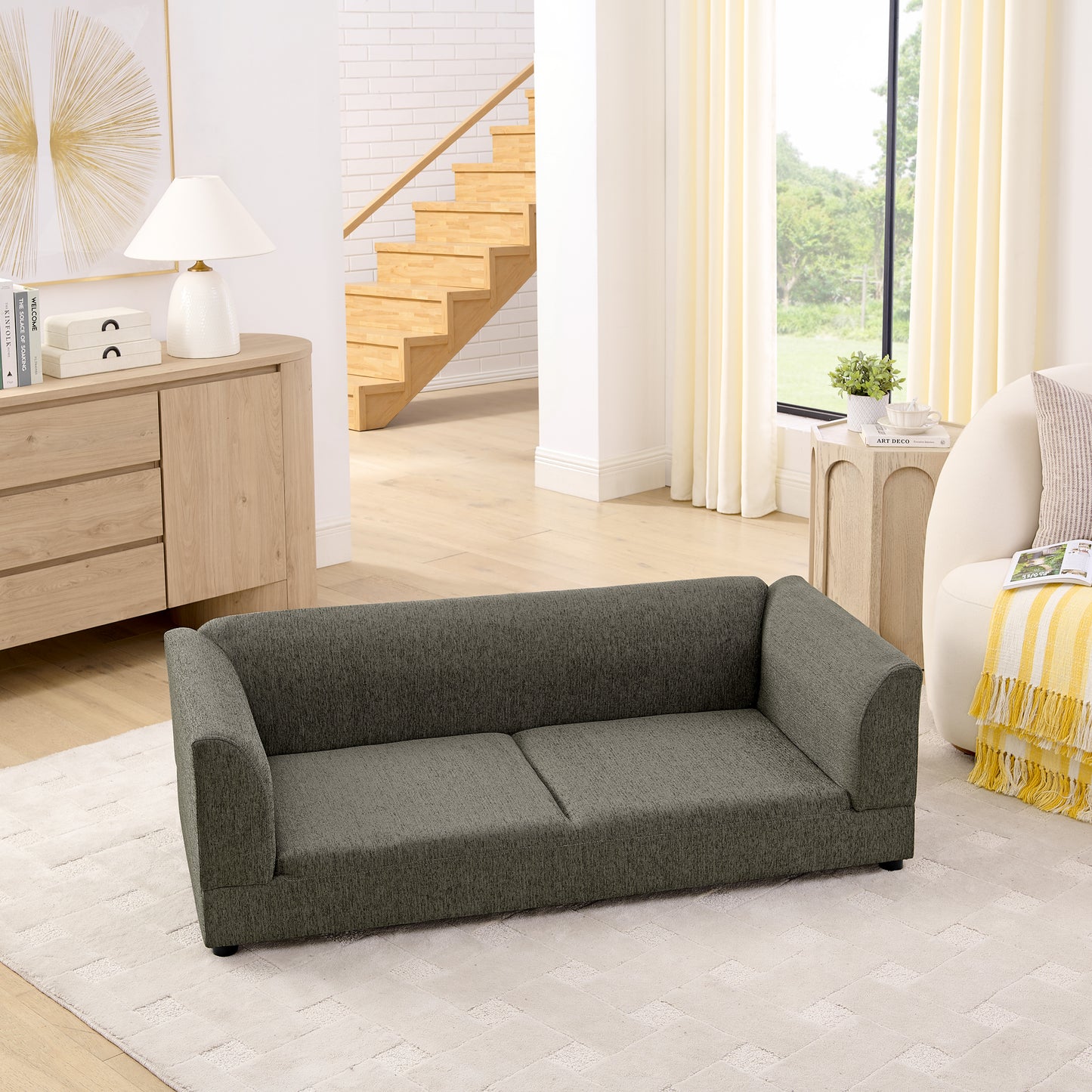 Comfortable Oversized Pet Sofa For Medium Large Dogs - Modern Rectangular Design With Backrest, Armrests & Soft Cushion -Dark Gray 56.x26x17