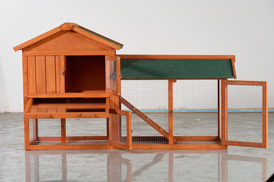 Large Wooden Rabbit Hutch, 2-Story Outdoor Bunny Cage With Waterproof Asphalt Roof, Pull-Out Tray & Ramp, Fir Wood Pet House For Rabbits, Chickens, Guinea Pigs Brown & Green