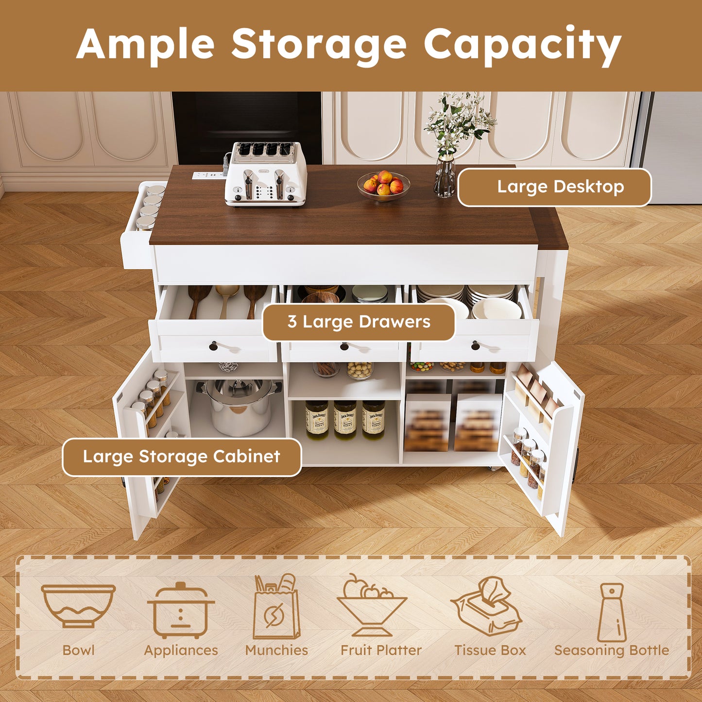 74.8 Kitchen Island With Extendable Dining Table & Power Outlet - Rolling Storage Cart On Wheels With 3 Drawers & 2 Door Cabinet For Dining Room  White