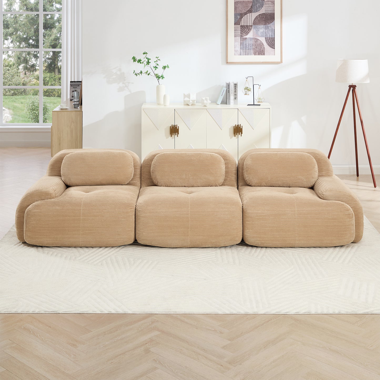 3-seat Sofa PremiumCorduroy Fabric Fabric Modular Multi-combination Anti-slip Design No Assembly Curved Armrests Ergonomic Support High-resilience Sponge For Living Rooms Bedrooms,Camel