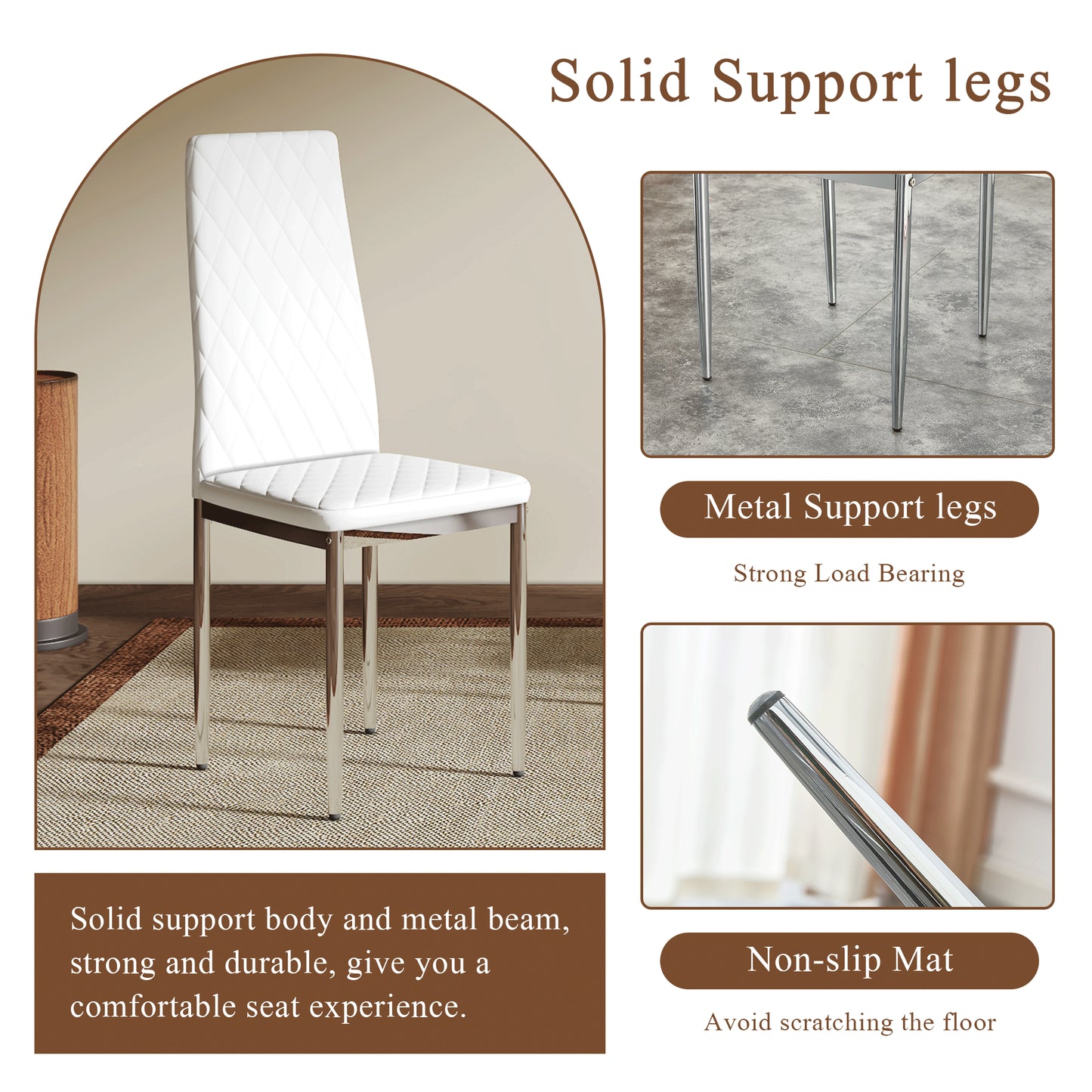 Modern White PU Dining Chairs Set Of 4 - Diamond Quilted High Back Design With Silver Chrome Metal Legs, Essential For Minimalist Homes, High Comfort & Affordability, Perfect For Kitchen,W1151107273