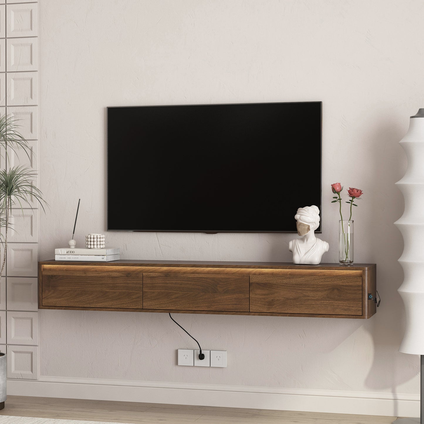 Floating TV Stand, Wall Mounted TV Shelf With Led Lights & Power Outlet, Cabinet For Wood Tv Stands For Living Room