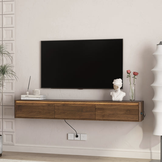 Floating TV Stand, Wall Mounted TV Shelf With Led Lights & Power Outlet, Cabinet For Wood Tv Stands For Living Room