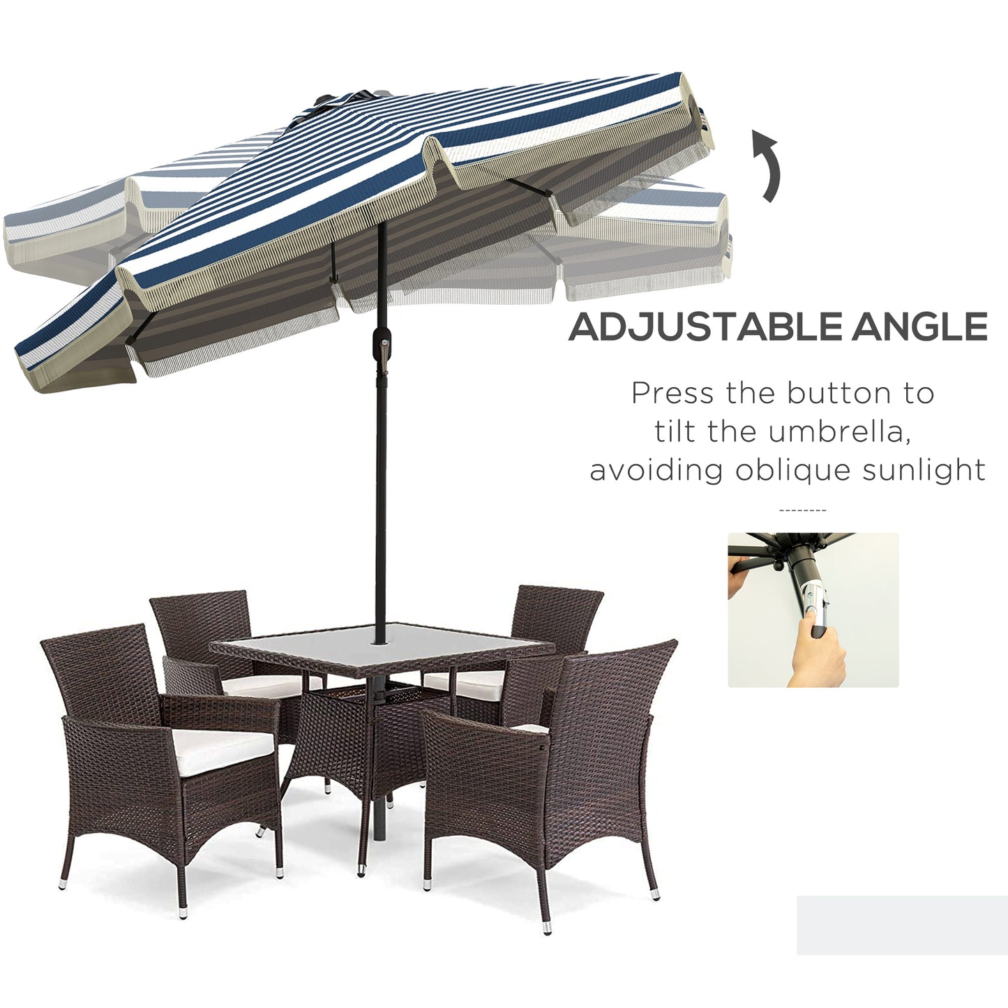 9ft Patio Umbrella Outdoor Table Umbrella W/ Tilt, Crank, Ruffled, 8 Ribs For Garden, Deck, Pool, Blue Stripe