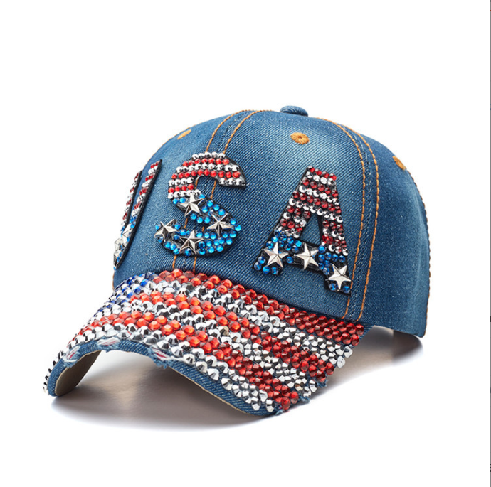 World Cup USA Bling Baseball Cap ,Rhinestone Denim Fan Hat,navy Blue