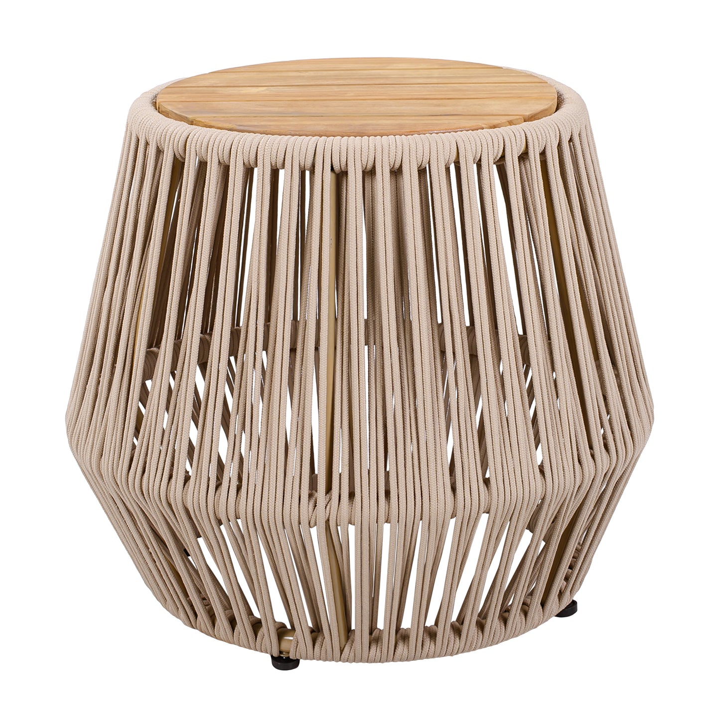 Acacia Wood Side Table With Beige Rope Base - Light Teak Finish, Modern Coastal Accent For Patio, Garden, Balcony & Indoor Use