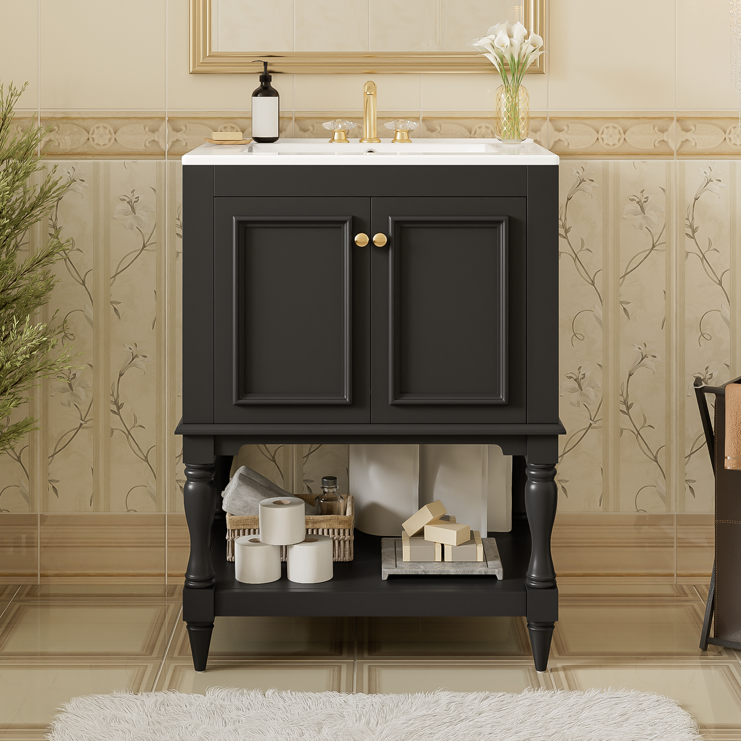 24 Inch Modern Luxury Bathroom Vanity With Ceramic Sink, Bathroom Cabinet With Open Shelf And Closed Storage