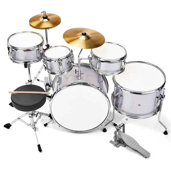 5-Pieces Junior Kids Drum Set Kit Pedal Drum Stick Wrench Drum Stool Silver