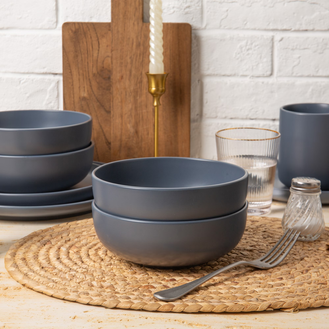 12-Piece Stoneware Dinner Plates Bowls Sets  Microwave & Dishwasher Safe   Non-Toxic Dinner Plates Bowls Set  Stackable Matte Glaze Kitchenware For 4