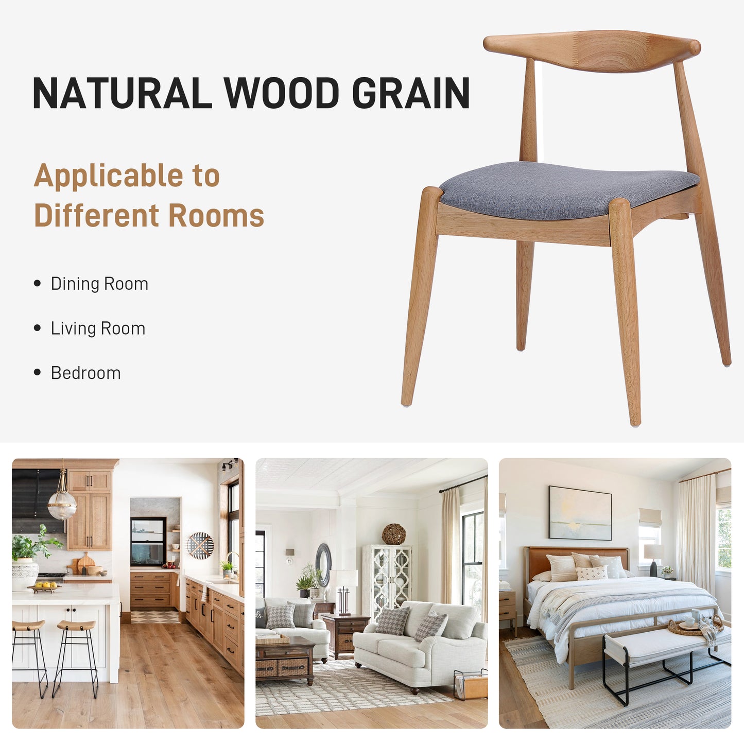 Set Of 2 Rubberwood Dining Chairs With Ergonomic Backrest & Comfort Cushions, Natural-Gray