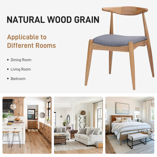 Set Of 2 Rubberwood Dining Chairs With Ergonomic Backrest & Comfort Cushions, Natural-Gray