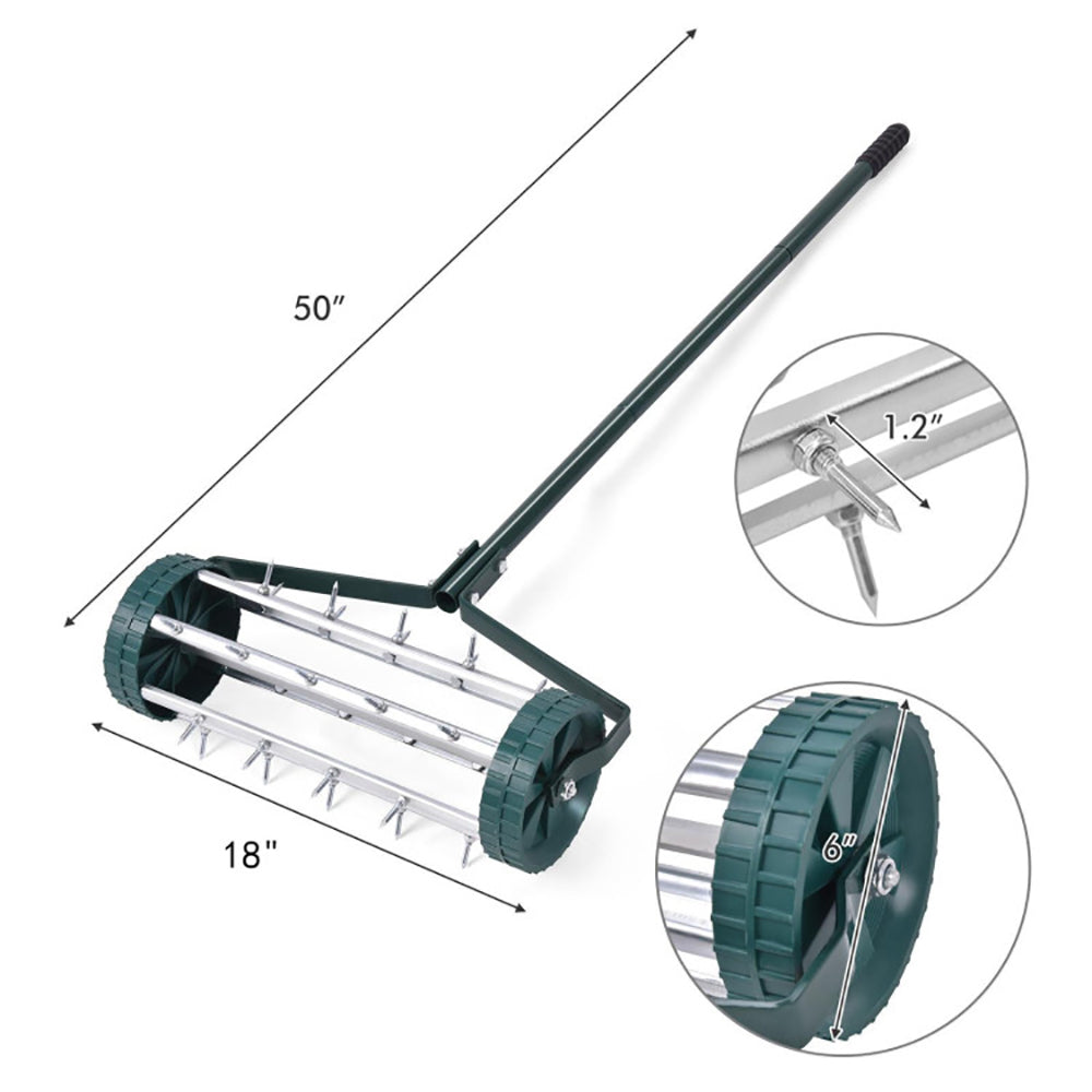 18 Inch Rolling Lawn Aerator With Anti-slip Handle And Tine Spikes Detachable Handle For Sand, Clay, Soil, Etc