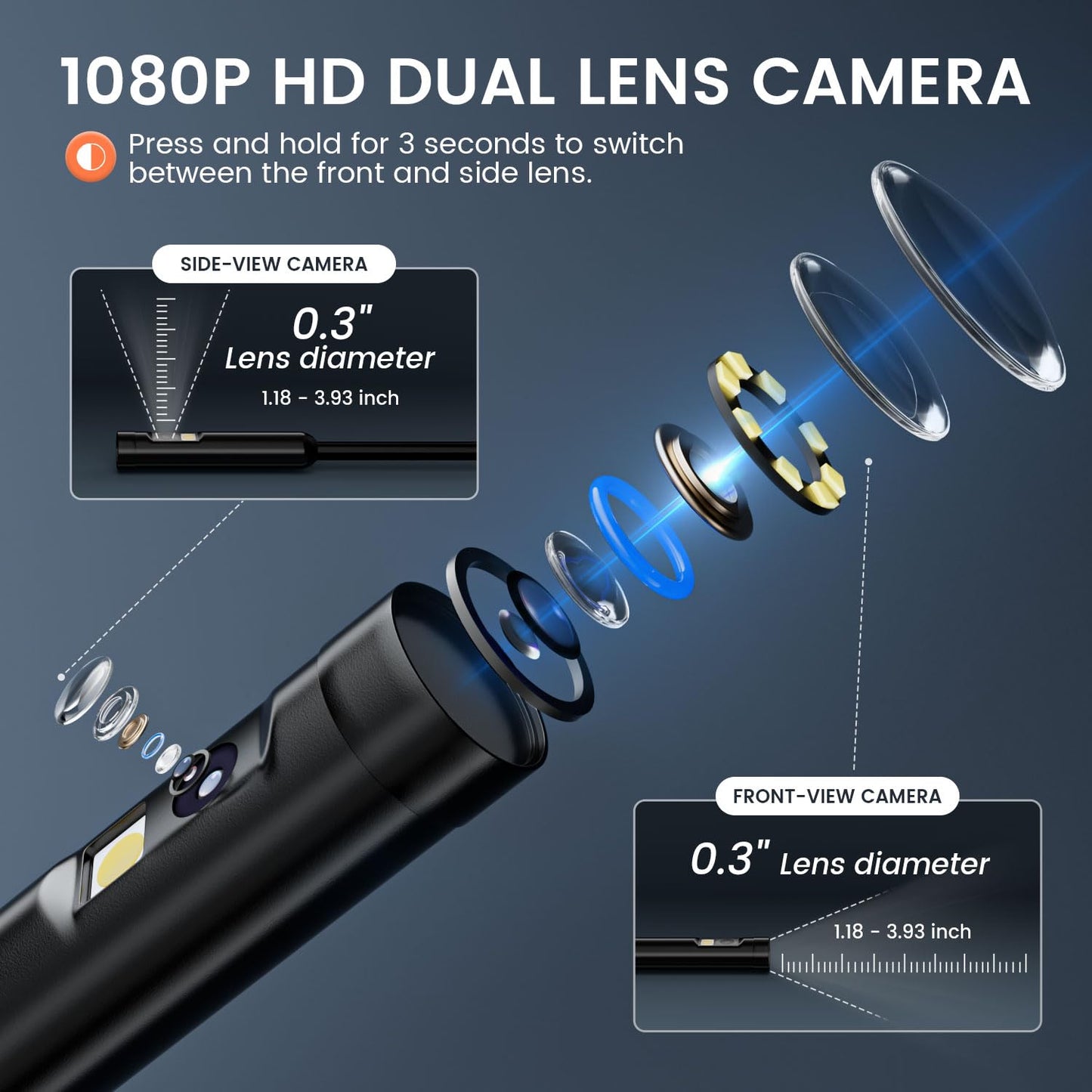 Dual-Lens Endoscope With Light  4.3-inch Screen, 32GB Memory Card, 16.5 Feet