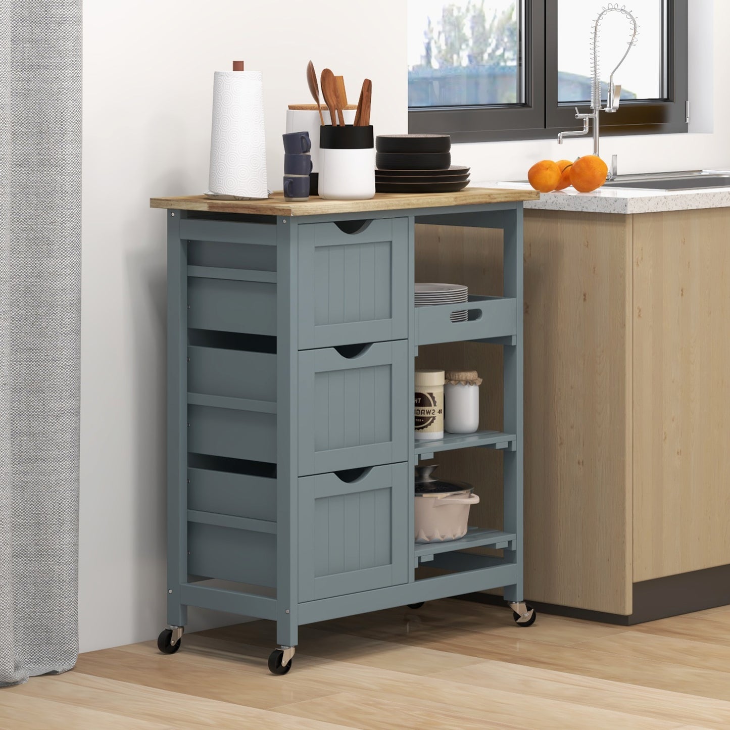 Rolling Kitchen Cart, Kitchen Island With Wood Top, Shelves & Drawers For Dining Area, Gray