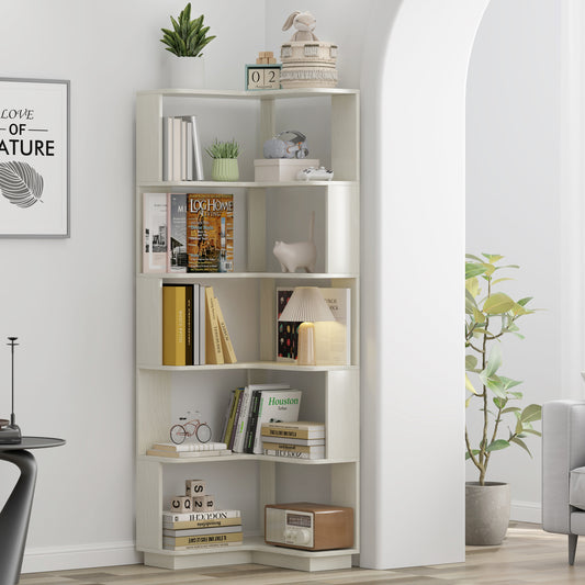6 Tier Freestanding L-Shaped Corner Bookshelf For Living Room, Bedroom, Wooden Bookcase With Anti-drop Panle And Anti Tipping Device, Display Shelf Open Storage Rack Organizer For Home Office White