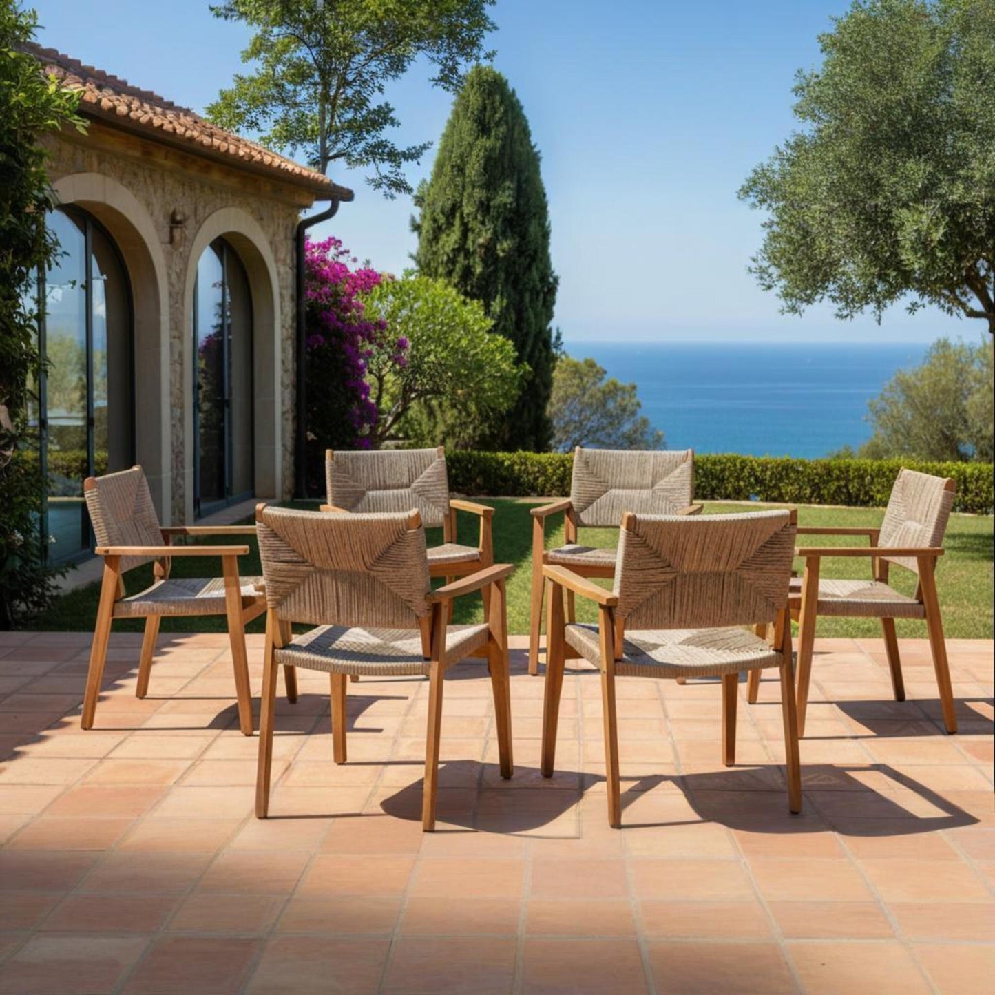 Durable Outdoor Dining Chair With Acacia Wood Frame, Handwoven Wicker Seat, Brown Finish, Patio Garden Furniture,  Compatible With Matching Table