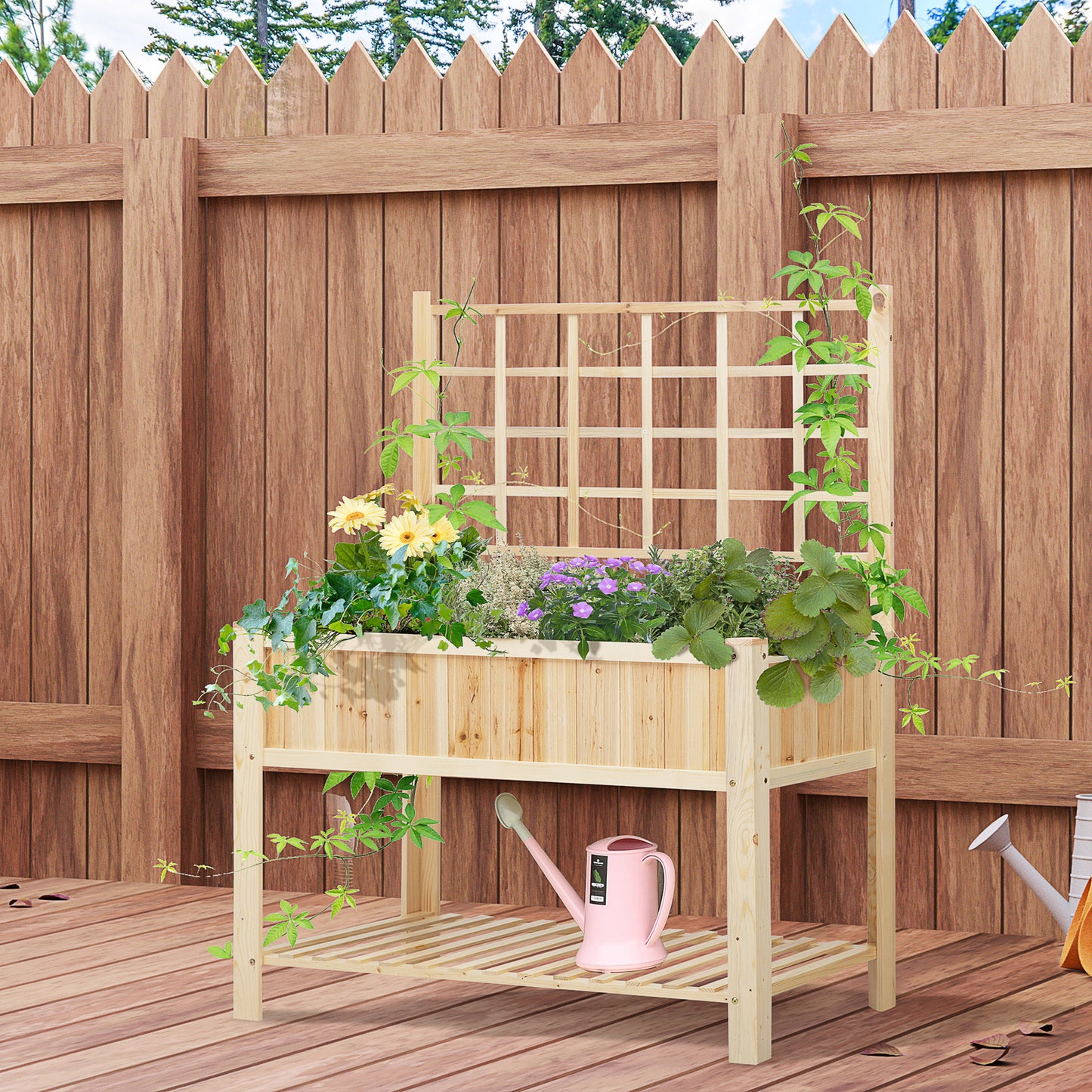 47'' Wooden Raised Garden Bed With Trellis, Coutryside Style Elevated Planter Box Stand With Open Storage Shelf, Spacious Planting Area For Vegetables, Herbs, Flowers