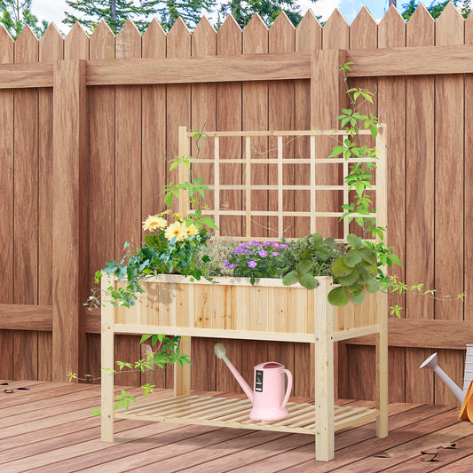 47'' Wooden Raised Garden Bed With Trellis, Coutryside Style Elevated Planter Box Stand With Open Storage Shelf, Spacious Planting Area For Vegetables, Herbs, Flowers