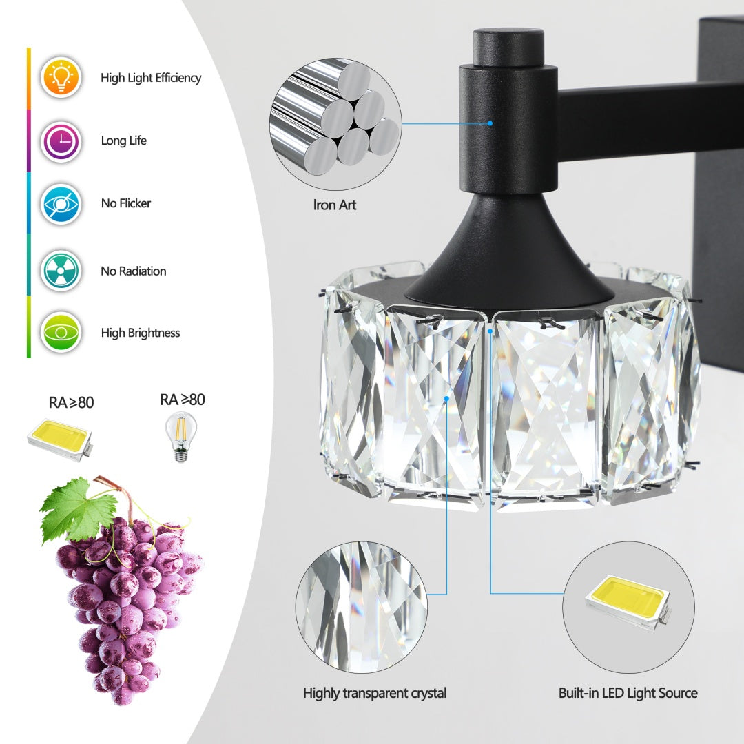Modern 6-Light Matte Black LED Vanity Light Fixture With Crystal Glass Shades, Bathroom Wall Sconce For Elegant And Contemporary Home Decor