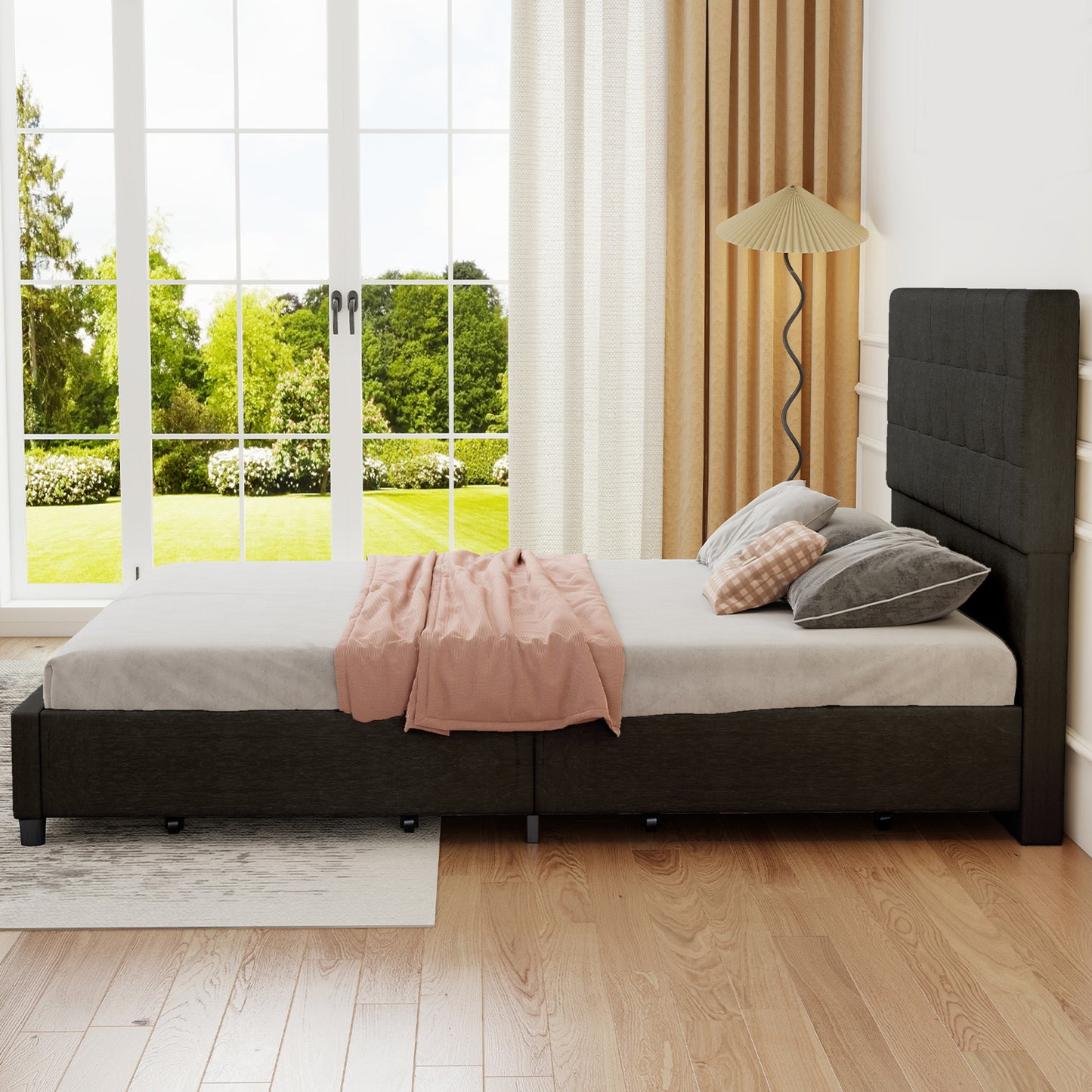 Queen Bed Frame Upholstered Vertical Channel Headboard Bed Frame With 4 Storage Drawers Wood Slats No Box Spring Needed Easy Assembly For Bedroom