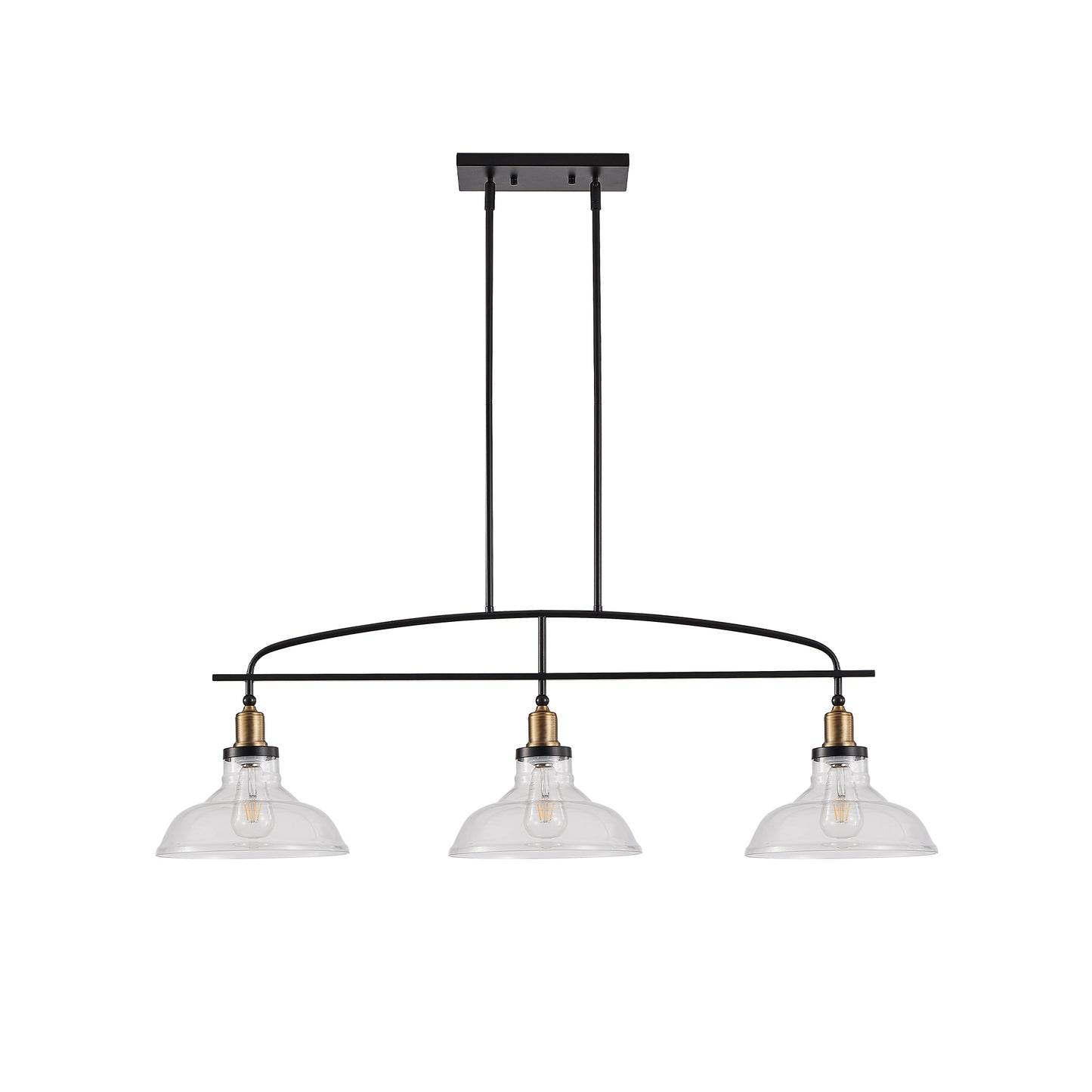 45 Industrial 3-Light Pendant Chandelier With Clear Glass Shades, Black Metal Frame, Adjustable Height, Modern Farmhouse Lighting For Kitchen Island, Dining Room, Or Living Room Bulb Not Included
